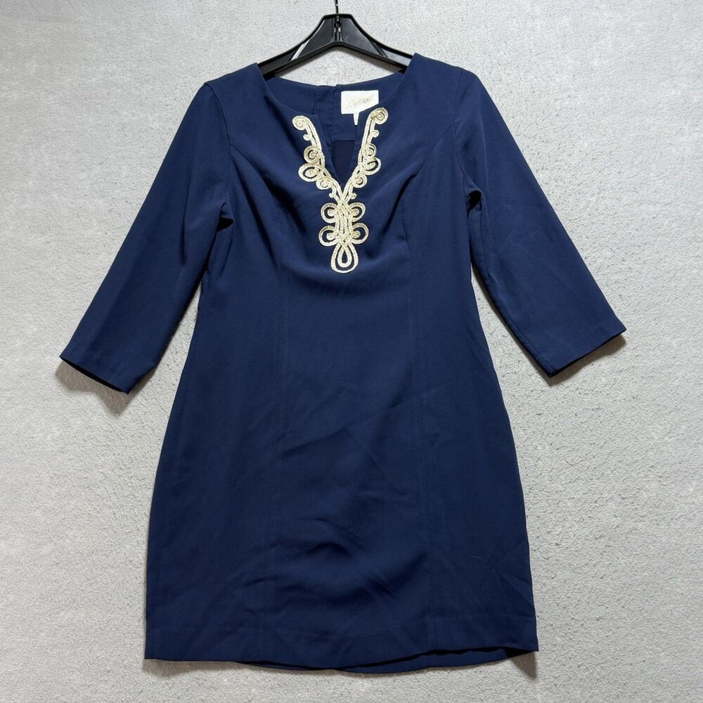 Lilly Pulitzer Breakers Dress Womenโs Size 6 True Navy Gold Soutache Embroidery